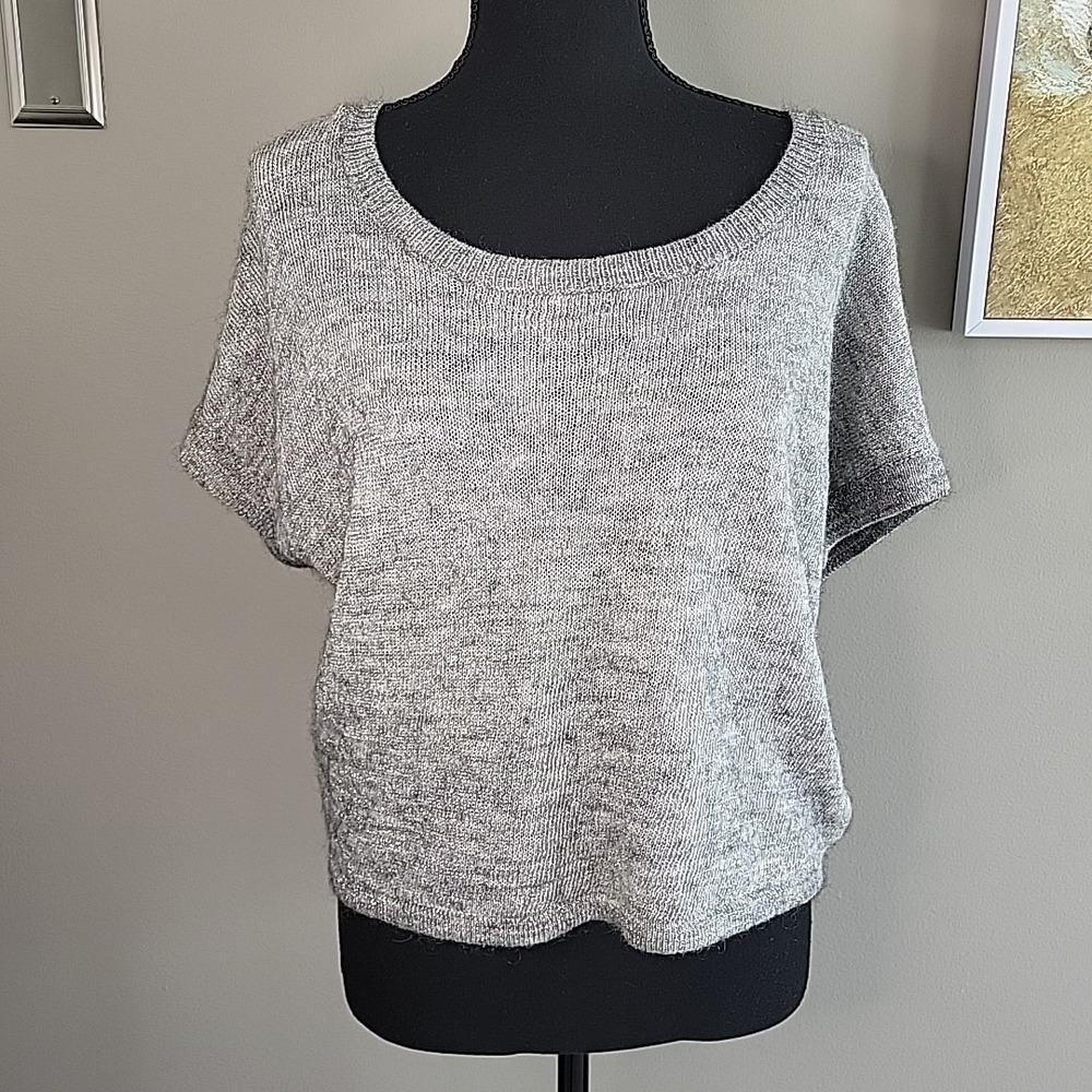EXPRESS Gray Silver Metallic Cropped Merino Wool Blend Sweater Short Sleeve M‎